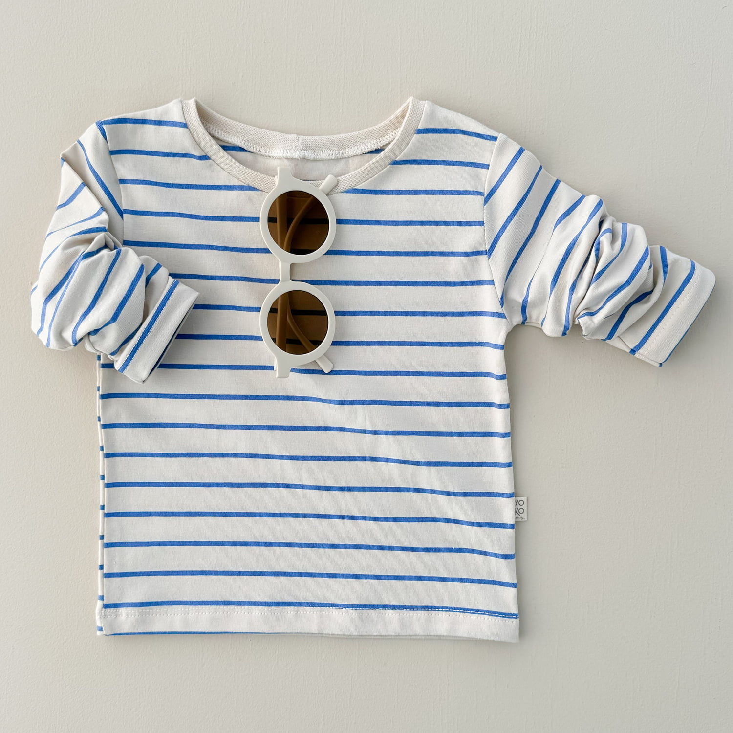 Camiseta Bebe Manga Longa Unissex - Listrado Marfim e Azul