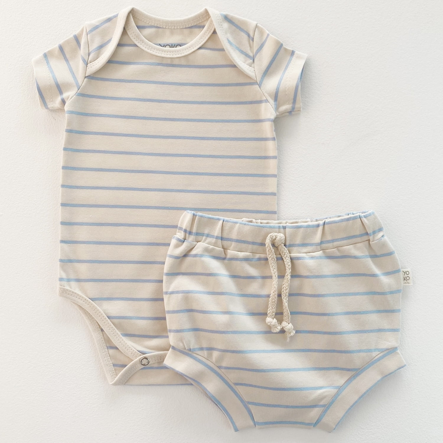 Conjunto Bebe Body Manga Curta e Tapa Fraldas -  Listrado Marfim e Azul Sereno