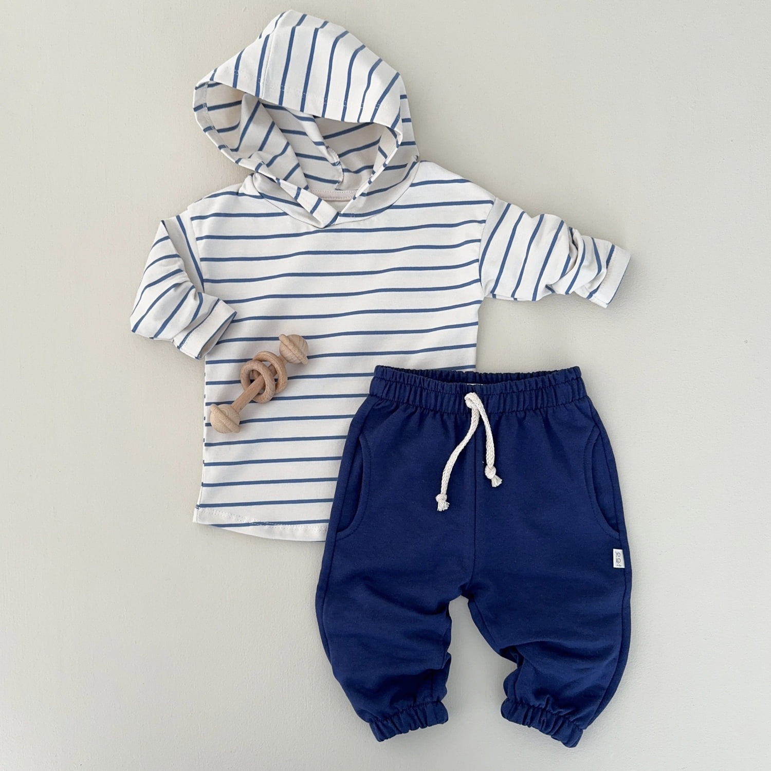 Conjunto Infantil Camiseta Listrado Premium e Calça Molecotton — Marfim e Azul Cobalto