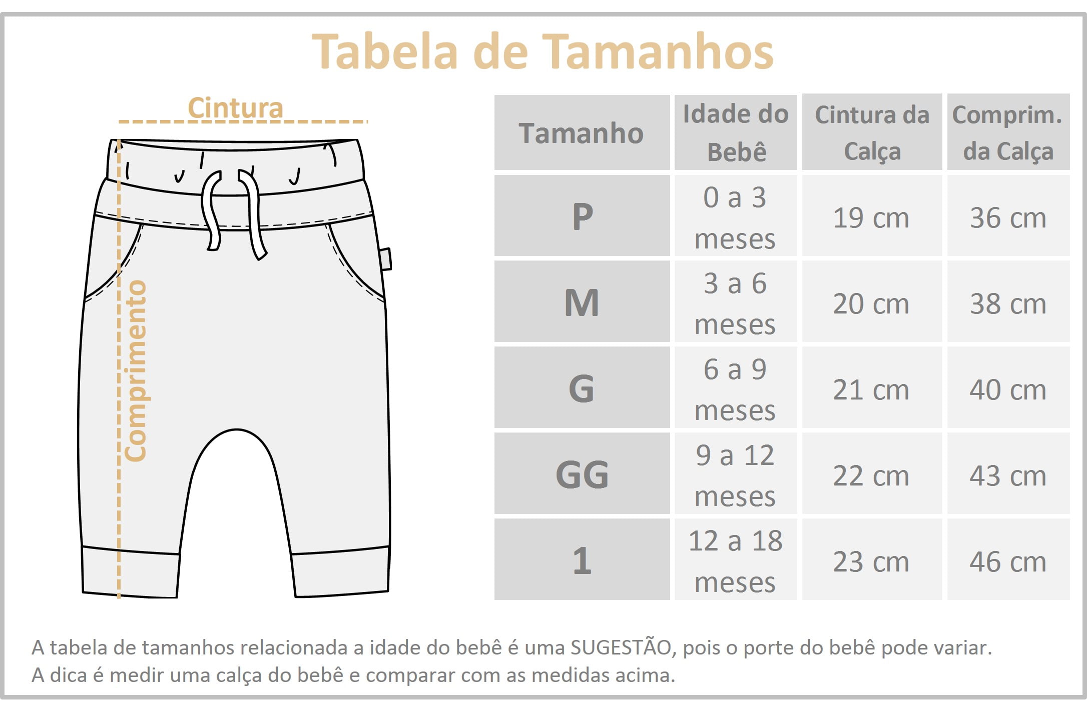 tabela tamanho calça saruel bebe unissex