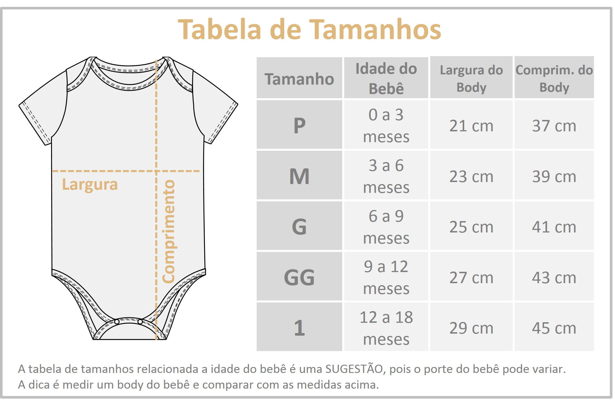 tabela tamanhos body bebe manga curta