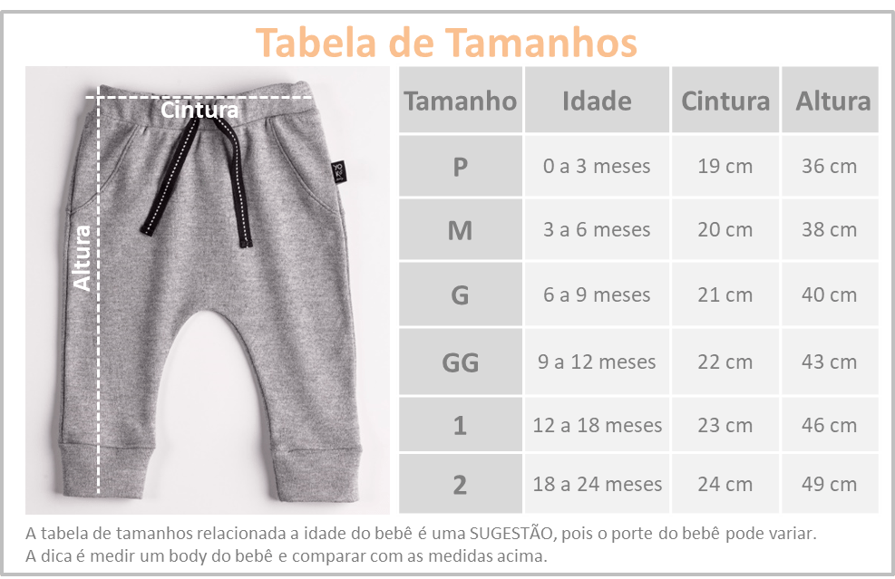 tabela medidas calça saruel bebe