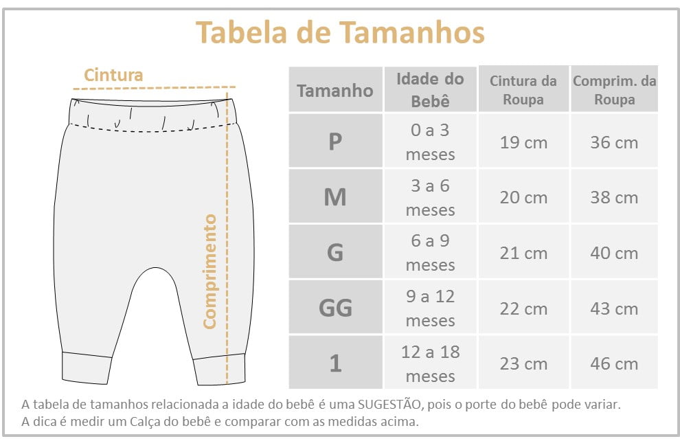 tabela tamanho calça saruel bebe unissex