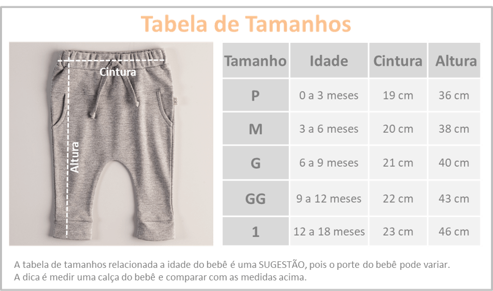 tabela medidas calça saruel bebe