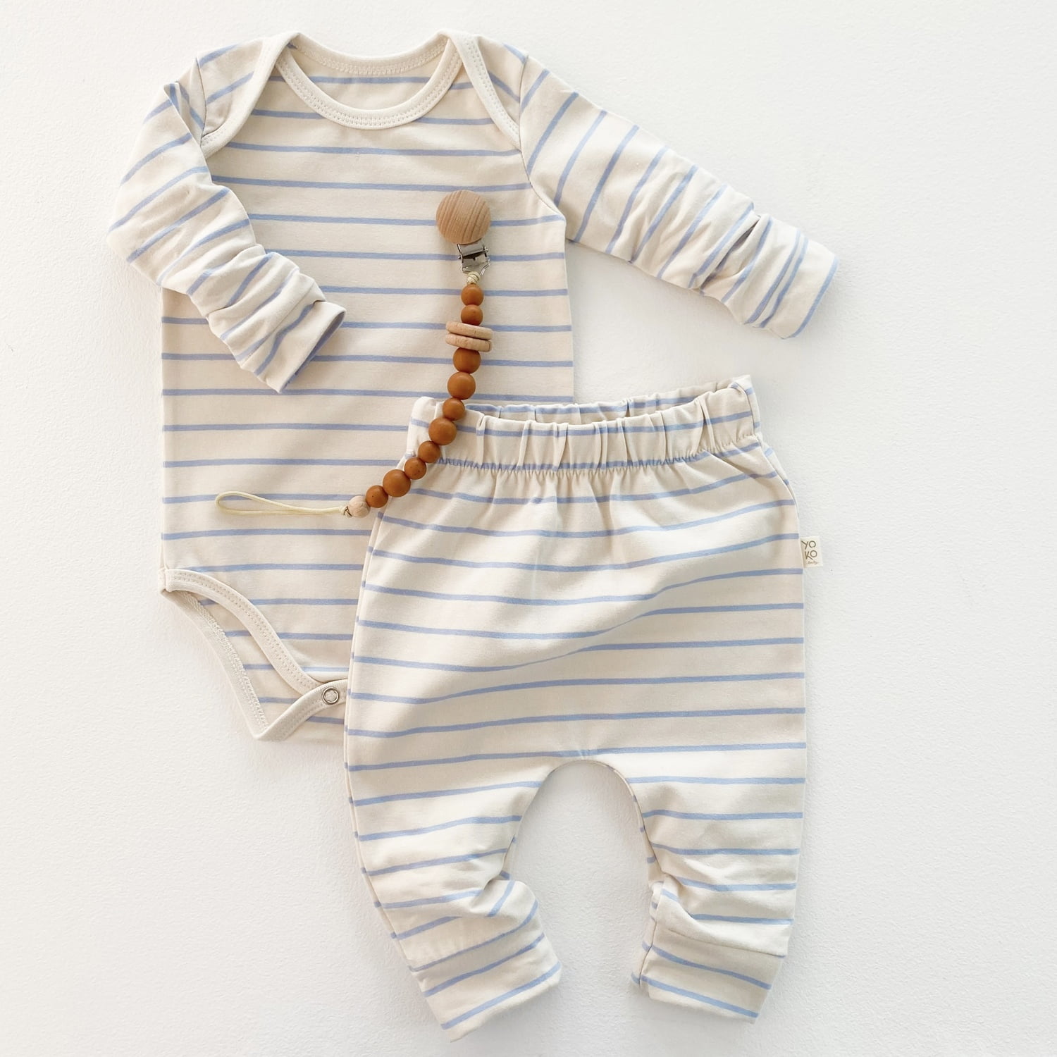 Conjunto Bebe Body Manga Longa e Calça Saruel - Listrado Marfim e Azul Sereno