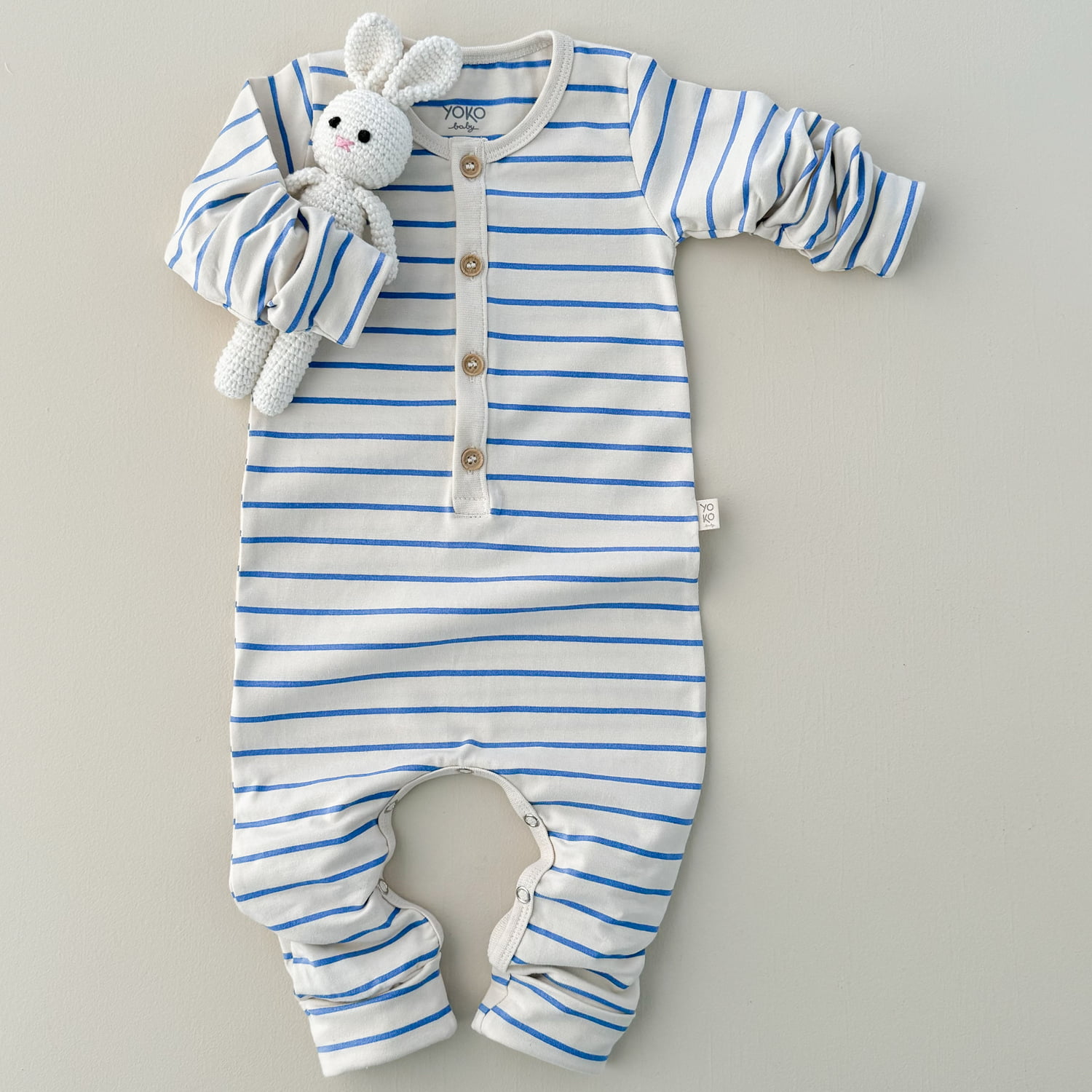 Macacão Bebe Manga Longa - Listrado Marfim e Azul