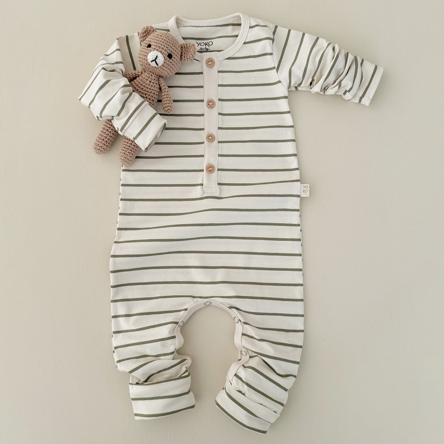 Macacão Bebe Manga Longa - Listrado Marfim e Verde