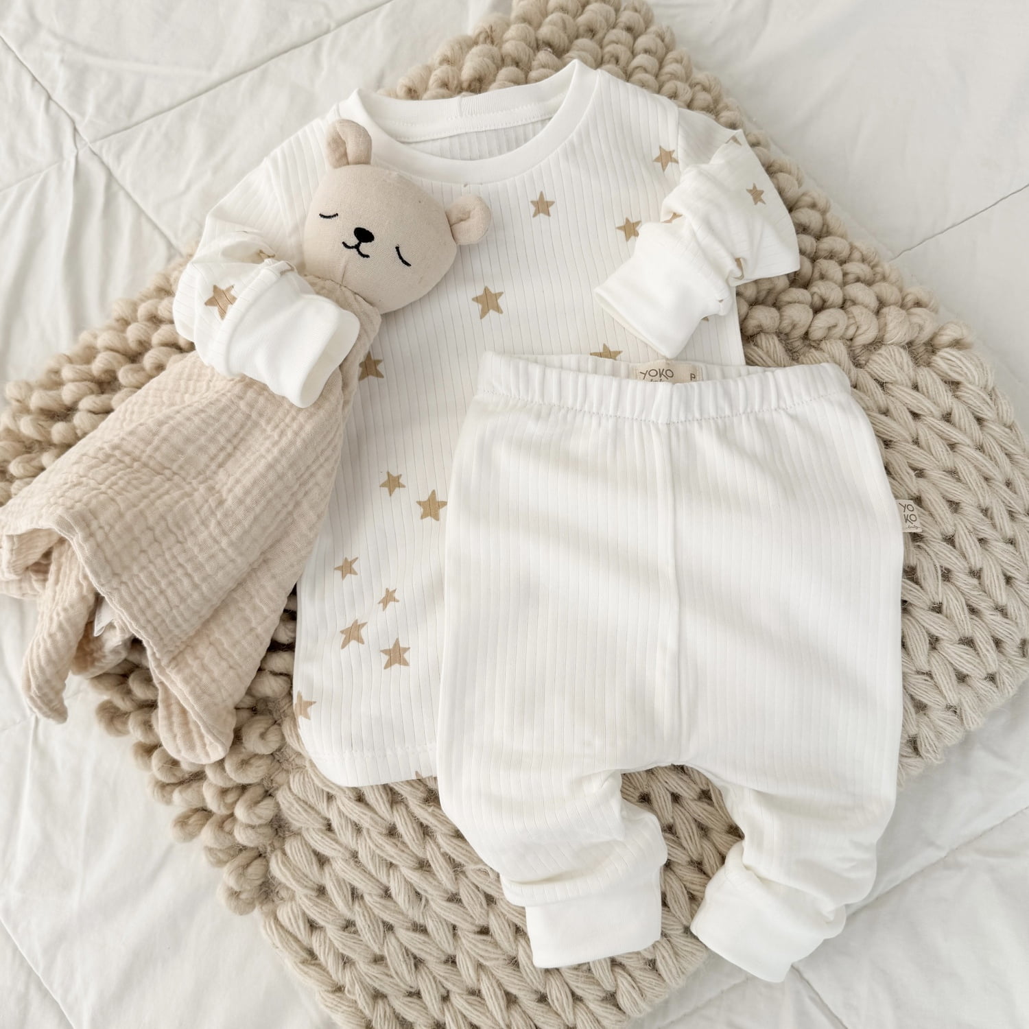 Conjunto Bebê Pijama Manga Longa Canelado – Off White com Estrelas Latte