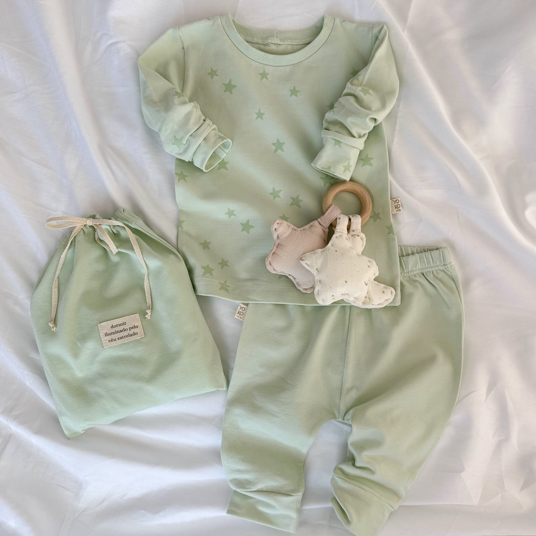 Conjunto Bebe Pijama Manga Longa - Verde Menta e Estrelas