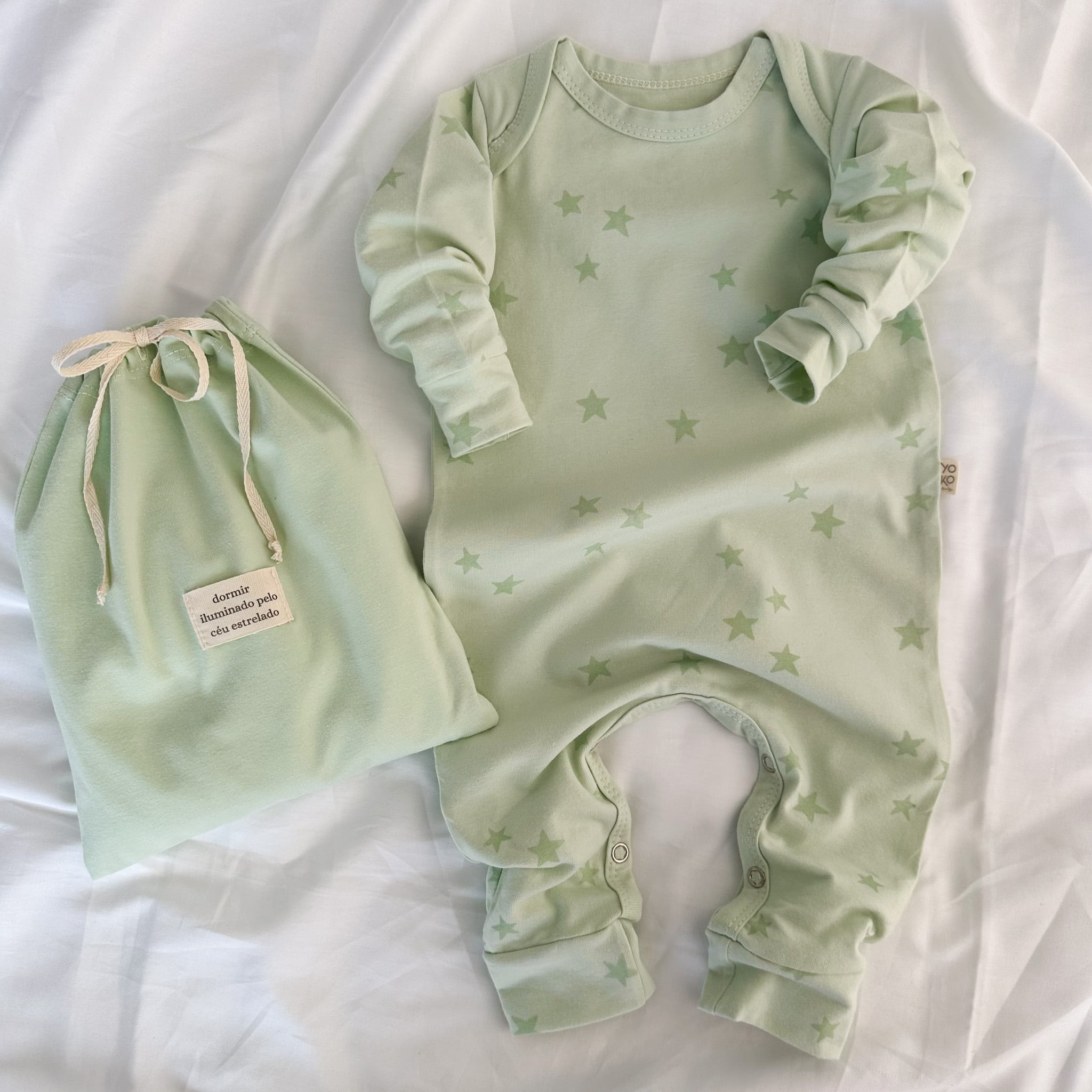 Macacão Bebe Pijama Manga Longa - Verde Menta e Estrelas