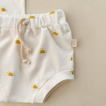 Conjunto Bebe Body Manga Curta e Tapa Fraldas Sol - Off White e Mel 