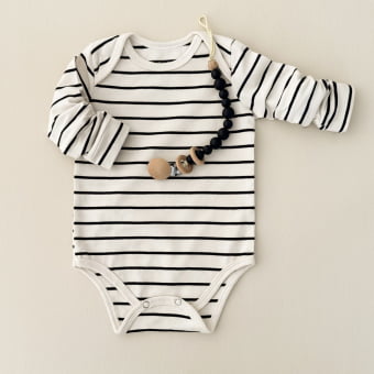 Body Bebê Manga Longa Unissex – Listrado Marfim e Preto