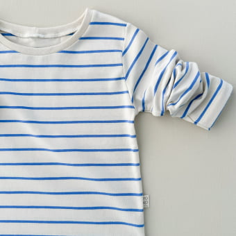 Camiseta Bebe Manga Longa Unissex - Listrado Marfim e Azul
