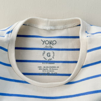 Camiseta Bebe Manga Longa Unissex - Listrado Marfim e Azul