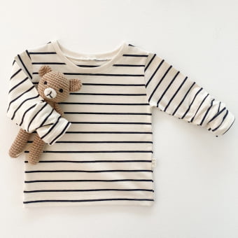 Camiseta Bebe Manga Longa Unissex - Listrado Marfim e Preto