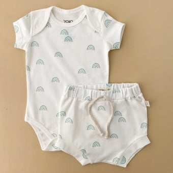 Conjunto Bebe Body Manga Curta e Tapa Arco-Íris - Off White e Aqua