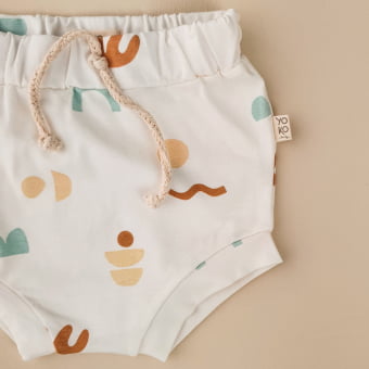 Conjunto Bebe Body Manga Curta e Tapa Fraldas Abstrato - Off White