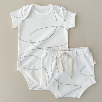Conjunto Bebe Body Manga Curta e Tapa Fraldas - Linhas Orgânicas Azul Gelato