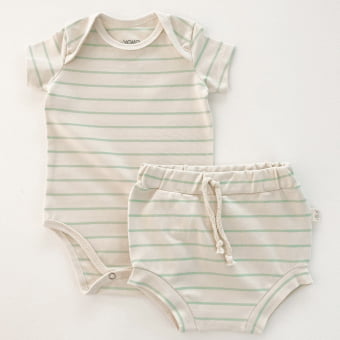 Conjunto Bebe Body Manga Curta e Tapa Fraldas -  Listrado Marfim e Verde Menta