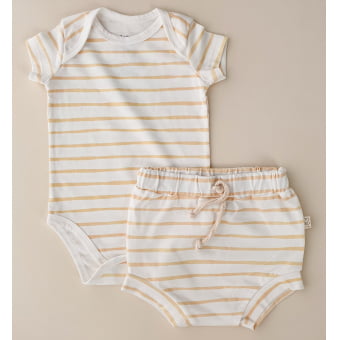 Conjunto Bebe Body Manga Curta e Tapa Listras - Off White e Amêndoa