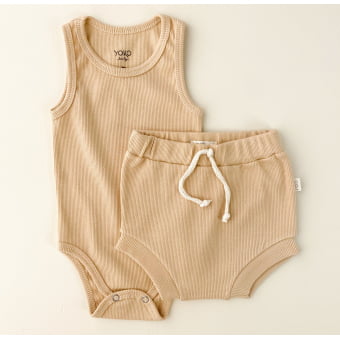 Conjunto Bebe Body Regata Canelado - Amêndoa