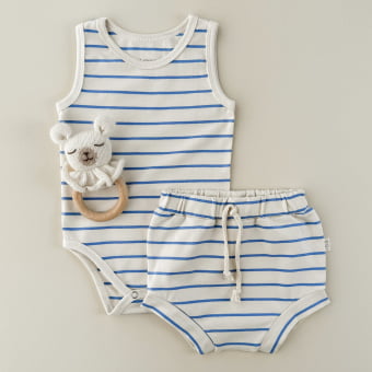 Conjunto Bebe Body Regata e Tapa Fraldas -  Listrado Marfim e Azul