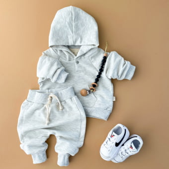 Conjunto Bebe Moletom Peluciado Comfy Capuz - Mescla Claro