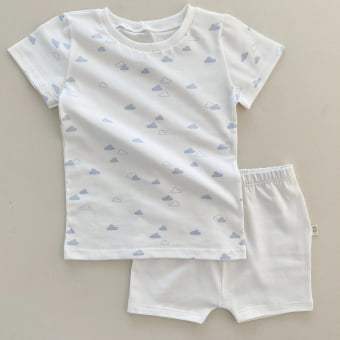 Conjunto Kids Pijama Manga Curta - Off White e Nuvem Azul