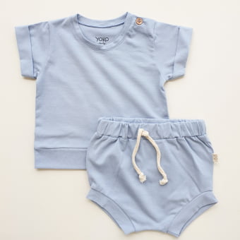 Kit Body Bebe e Camiseta Manga Curta - Gaivotas Azul - 6 peças