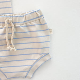 Conjunto Bebe Body Manga Curta e Tapa Fraldas -  Listrado Marfim e Azul Sereno