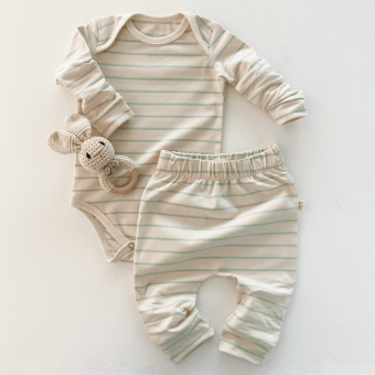 Conjunto Bebe Body Manga Longa e Calça Saruel - Listrado Marfim e Verde Menta