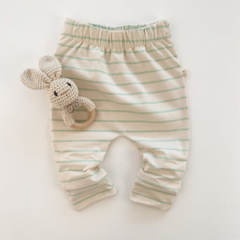 Conjunto Bebe Body Manga Longa e Calça Saruel - Listrado Marfim e Verde Menta