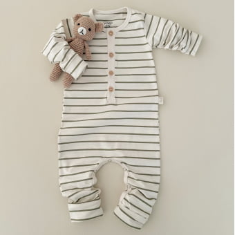 Macacão Bebe Manga Longa - Listrado Marfim e Verde