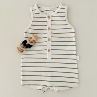 Macaquinho Bebe Regata - Listrado Marfim e Verde