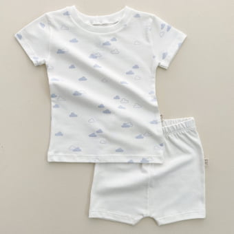 Conjunto Bebe Pijama Manga Curta - Off White e Nuvem Azul