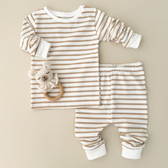 Conjunto Bebê Pijama Manga Longa Canelado – Listrado Off White & Latte