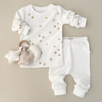 Conjunto Bebê Pijama Manga Longa Canelado – Off White com Estrelas Latte