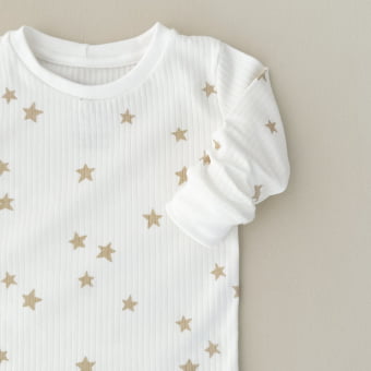Conjunto Bebê Pijama Manga Longa Canelado – Off White com Estrelas Latte