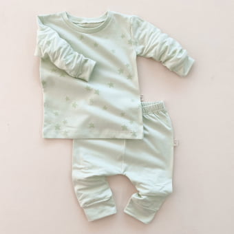 Conjunto Bebe Pijama Manga Longa - Verde Menta e Estrelas